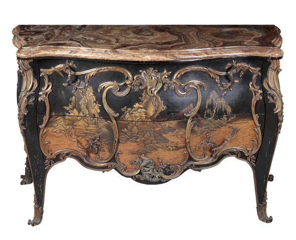 A LOUIS XV STYLE BLACK LACQUER COMMODE