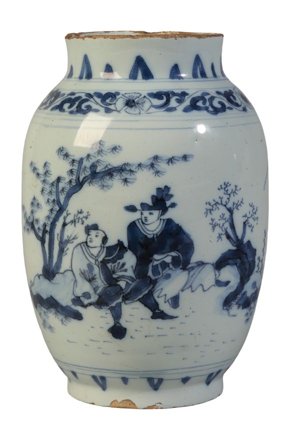 A DELFT BLUE AND WHITE OVOID JAR