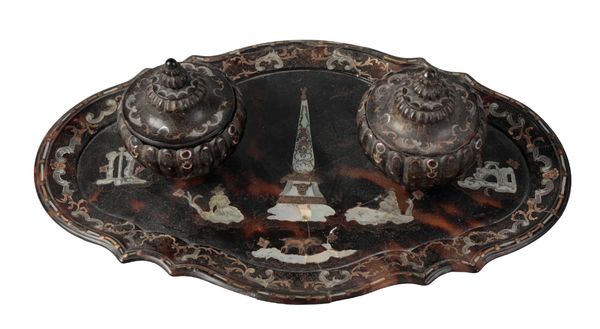 A NEAPOLITAN TORTOISESHELL PIQUÉ INK STAND