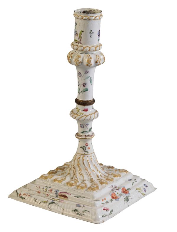 A RARE SOUTH STAFFORDSHIRE ENAMEL CANDLESTICK