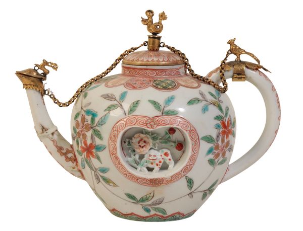 A RARE ARITA GILT-METAL MOUNTED FAMILLE VERTE STYLE TEAPOT