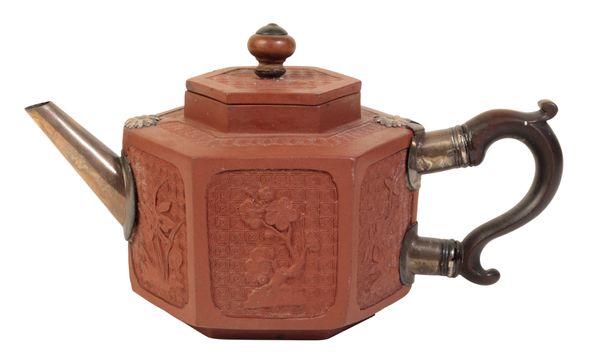 A ‘RED’ YIXING HEXAGONAL TEAPOT