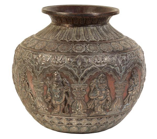 A BURMESE SILVER-INLAID COPPER BALUSTER VASE