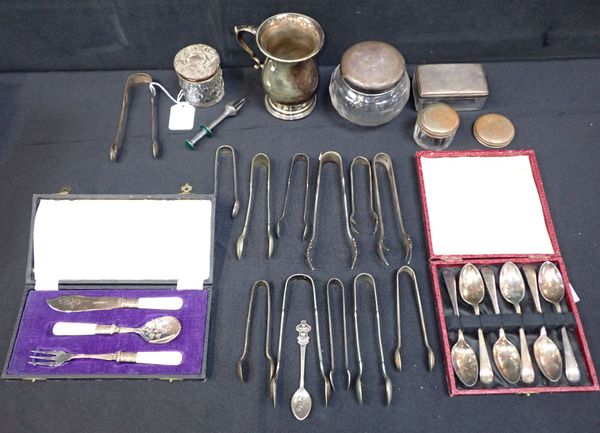 A PAIR OF SILVER SUGAR TONGS, TWO SILVER-TOPPED JARS