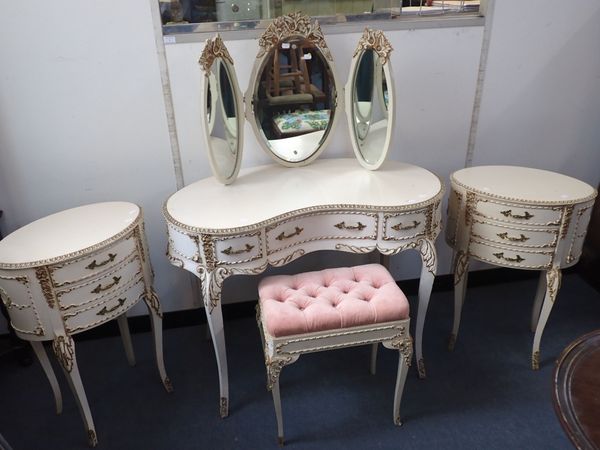 A LOUIS XV STYLE WHITE-PAINTED AND PARCEL GILT BEDROOM SUITE