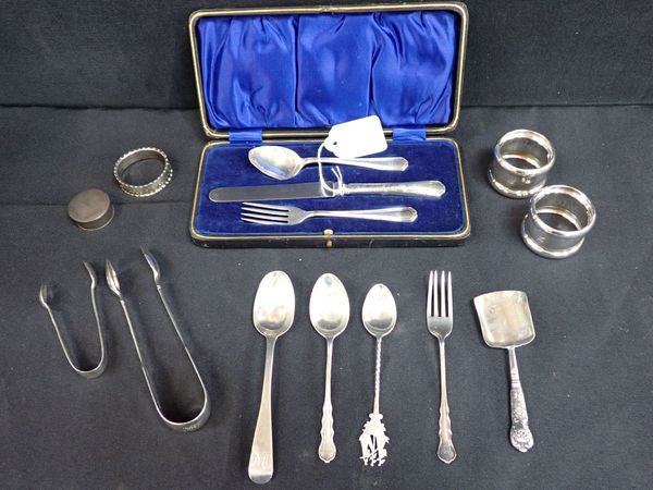 A 1930S SILVER THREE-PIECE CHRISTENING SET