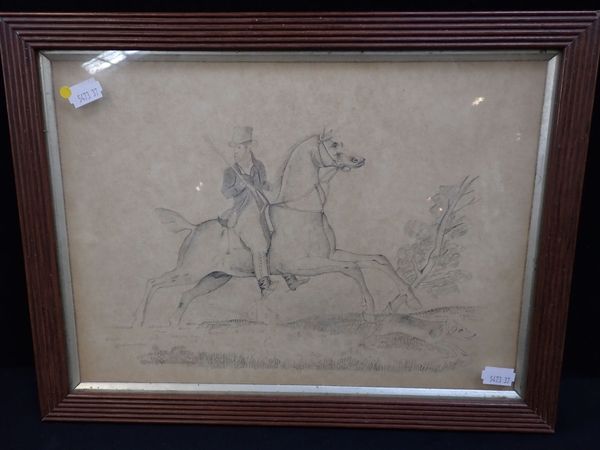 A 19TH CENTURY PENCIL DRAWING OF A MOUNTED HUNTSMAN