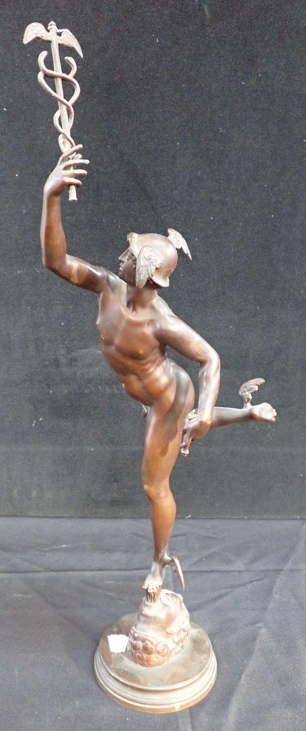 AN EARLY 20TH CENTURY BROWN PATINATED BRONZE OF MERCURY