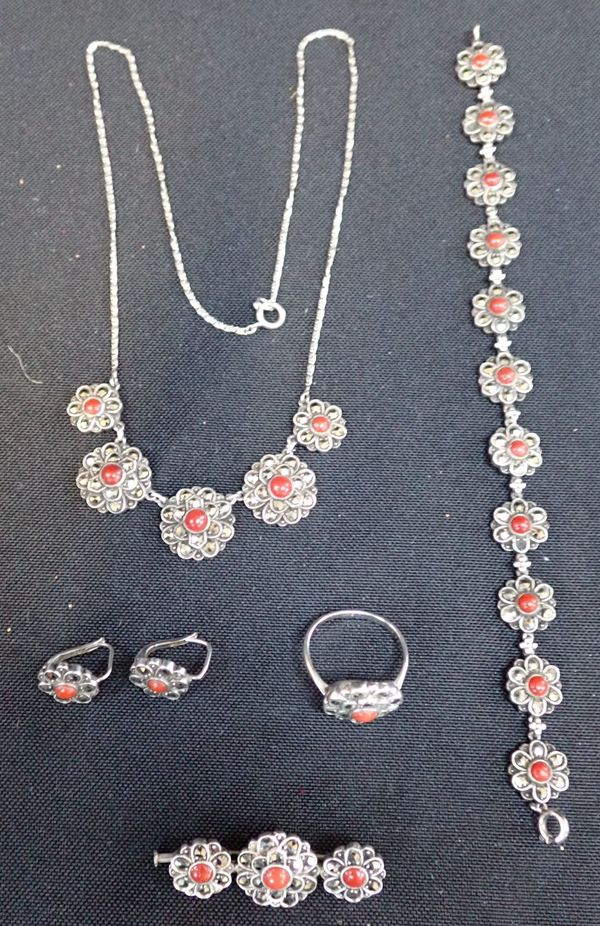 A MARQUISITE AND CORAL SUITE OF JEWELLERY