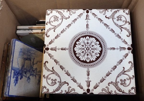 A BOX OF MIXED TILES, VICTORIAN AND LATER