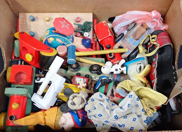 A BOX OF VINTAGE WOODEN AND OTHER TOYS