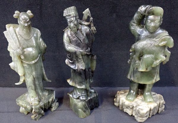 THREE CHINESE CARVED SOAPSTONE FIGURES