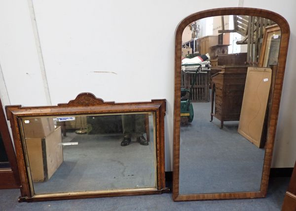 A VICTORIAN WALNUT AND PARQUETRY BANDED OVERMANTEL MIRROR