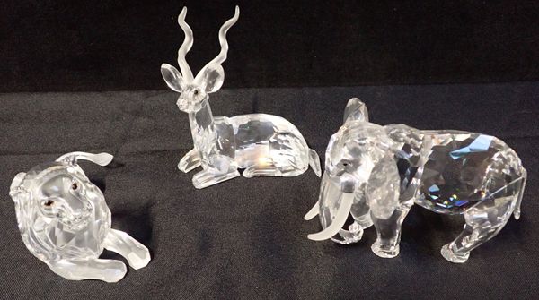 THREE SWAROVSKI CRYSTAL FIGURES - ELEPHANT, STAG AND LION