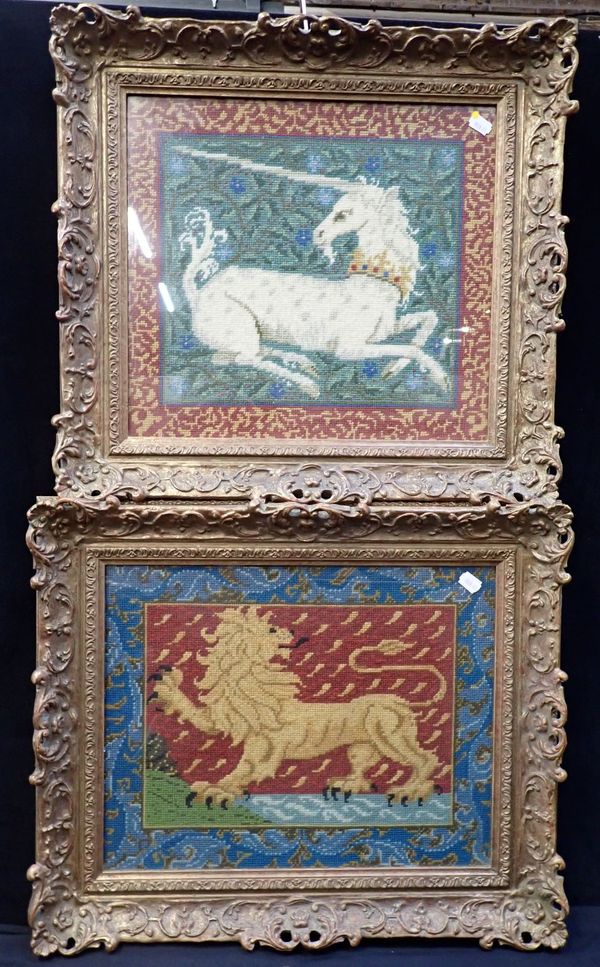 A PAIR OF WOOLWORK PICTURES: THE LION AND THE UNICORN