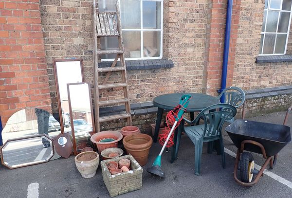 A VINTAGE STEPLADDER, GARDEN POTS, WHEELBARROW