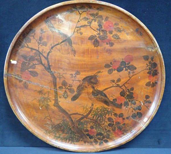 A PAINTED TABLE TOP OR LARGE TRAY, WITH DISHED EDGE