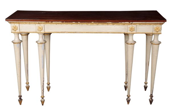 A MAHOGANY, WHITE-PAINTED AND PARCEL-GILT SIDE TABLE, PROBABLY ITALIAN