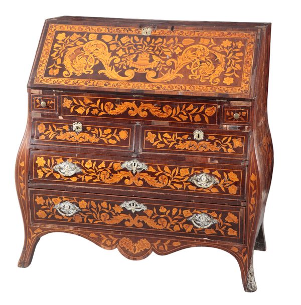 A DUTCH WALNUT, MAHOGANY AND MARQUETRY BOMBE BUREAU