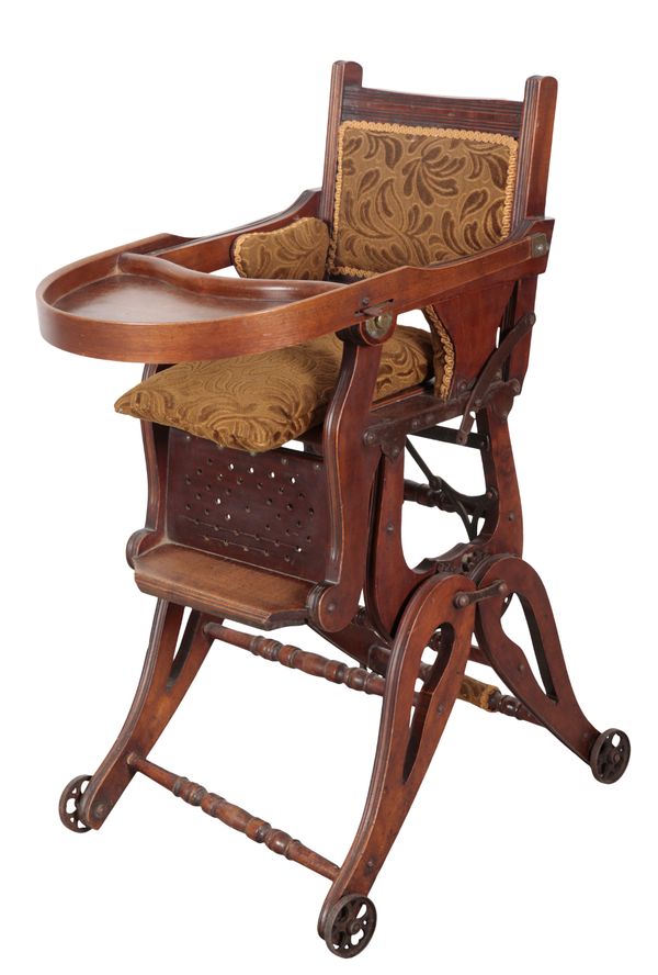 AN EDWARDIAN MAHOGANY CHILD'S HIGH CHAIR