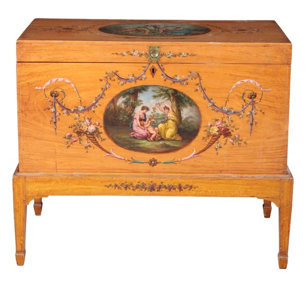 A SATINWOOD AND PAINTED CHEST ON STAND