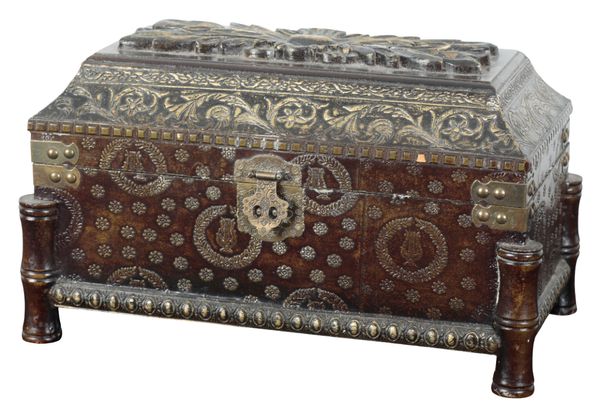 A CONTINENTAL EMBOSSED LEATHER COVERED AND PAINTED CASKET