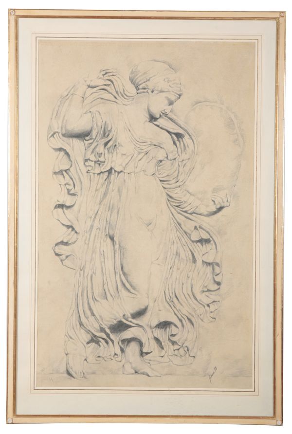 A LARGE CHARCOAL DRAWING OF A ROBED PROCESSIONIST OR 'DANCING MAENAD'