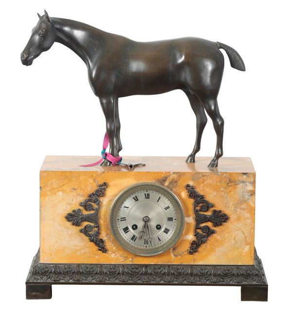 A 19TH CENTURY FRENCH SIENNA MARBLE AND BRONZE MANTEL CLOCK