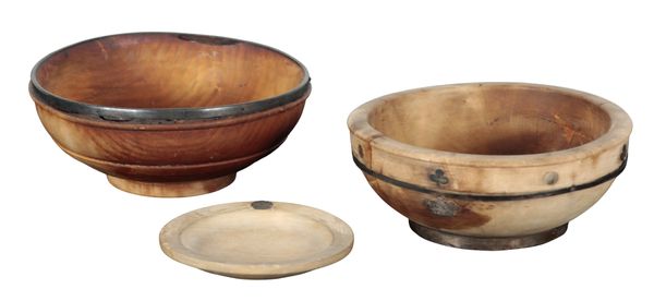 THREE TURNED AND METAL MOUNTED BOWLS