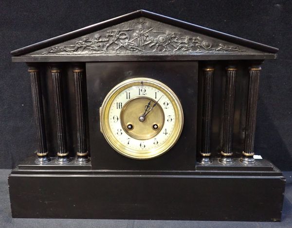 A SLATE MANTEL CLOCK, OF ARCHITECTURAL FORM