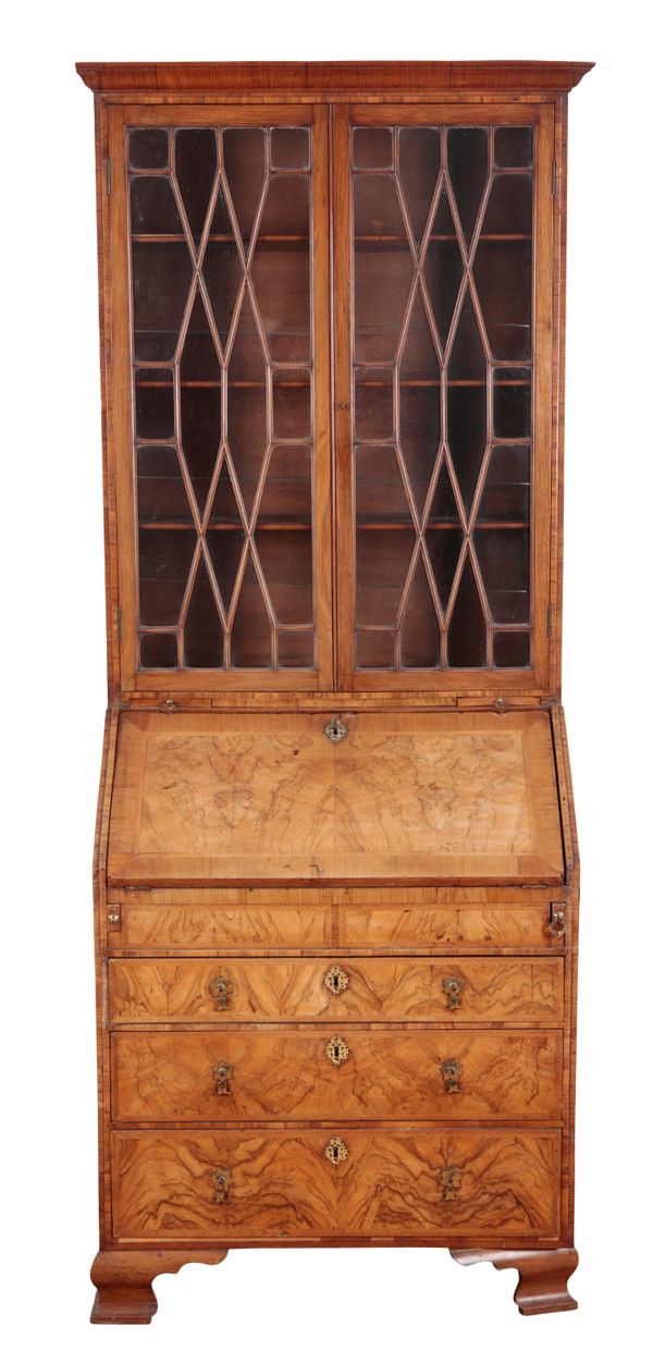 A WALNUT AND YEW WOOD BUREAU BOOKCASE