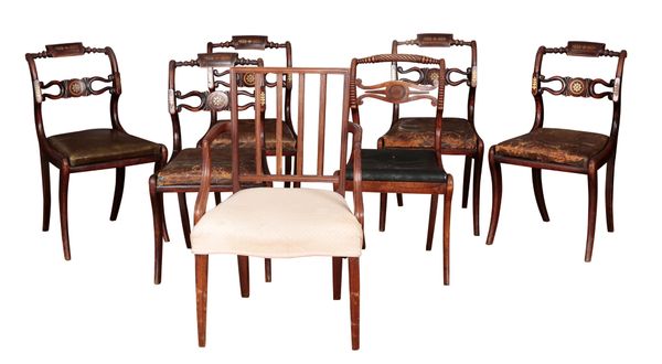 A PART SET OF FIVE REGENCY FAUX-ROSEWOOD DINING CHAIRS
