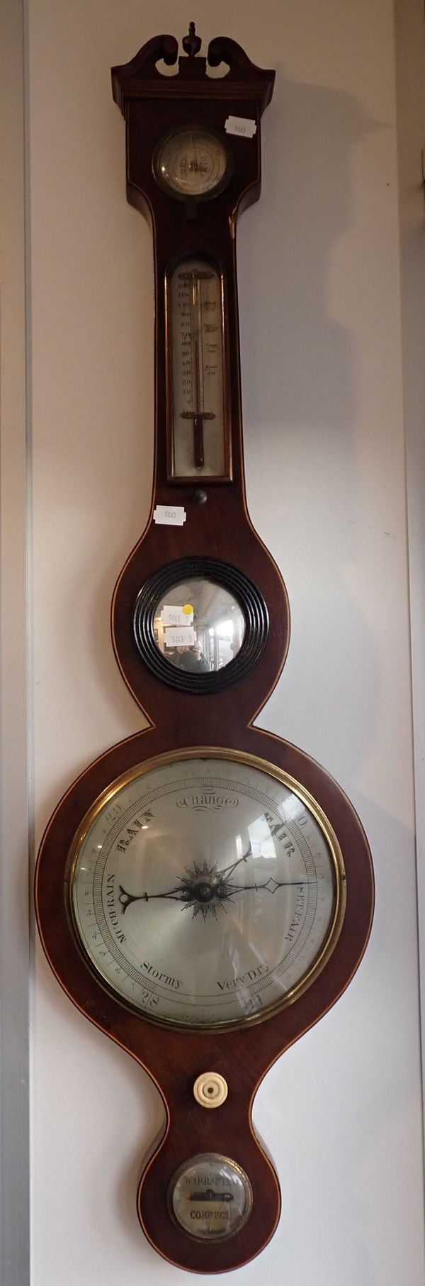 A GEORGE III STYLE MAHOGANY AND SATINWOOD BANDED WHEEL BAROMETER