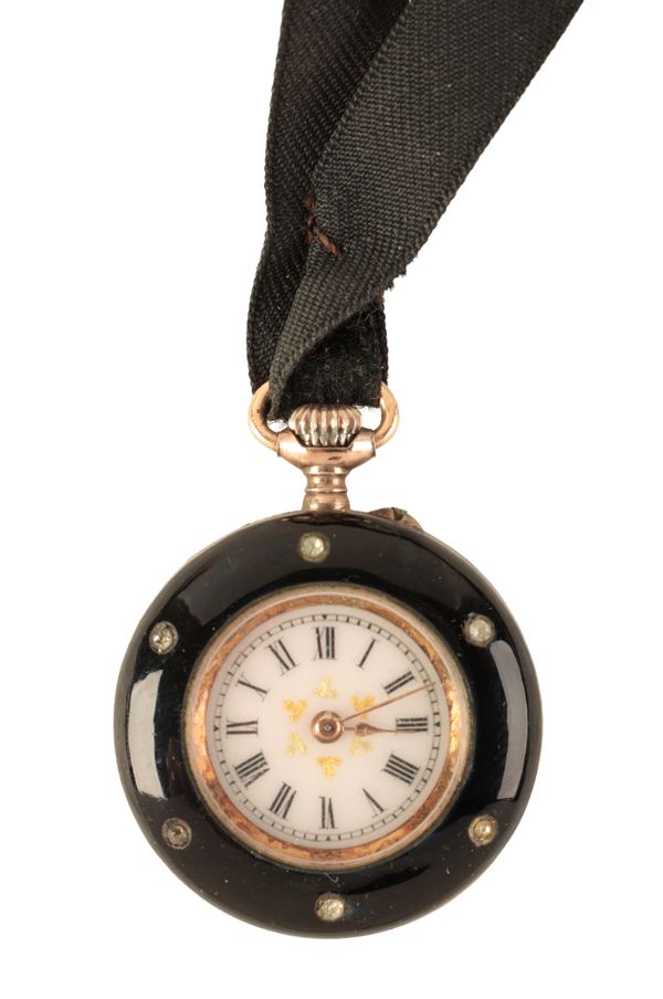 A LADY’S ENAMEL AND DIAMANTE FOB WATCH