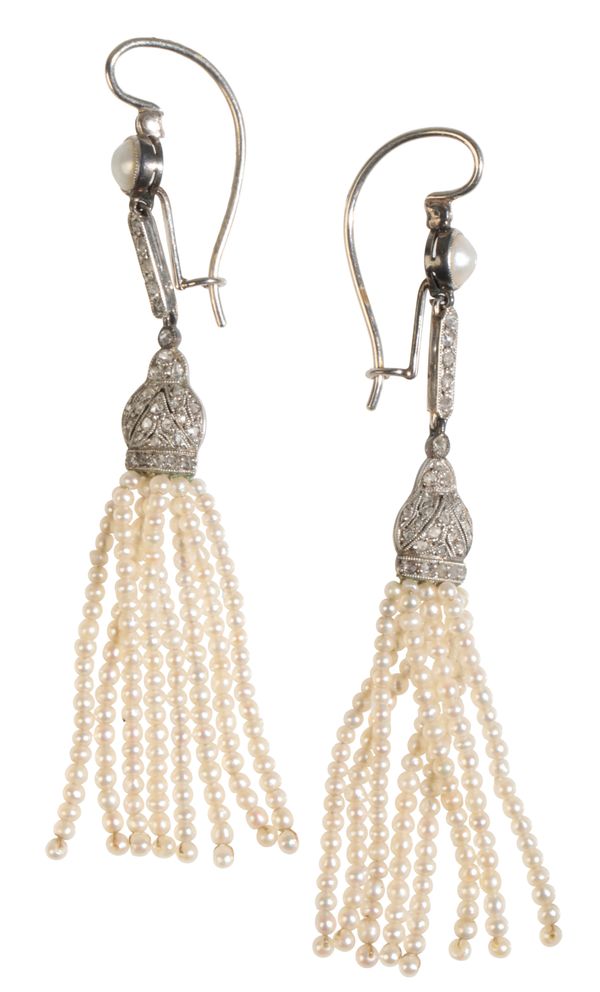 A PAIR OF EARLY 20TH CENTURY SEED PEARL AND DIAMOND EARRINGS