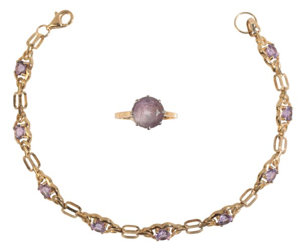 A GOLD AND AMETHYST BRACELET AND DRESS RING