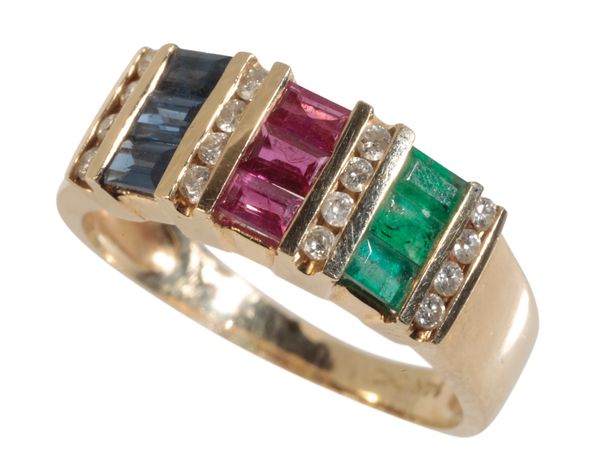 A SAPPHIRE, RUBY, EMERALD AND DIAMOND DRESS RING