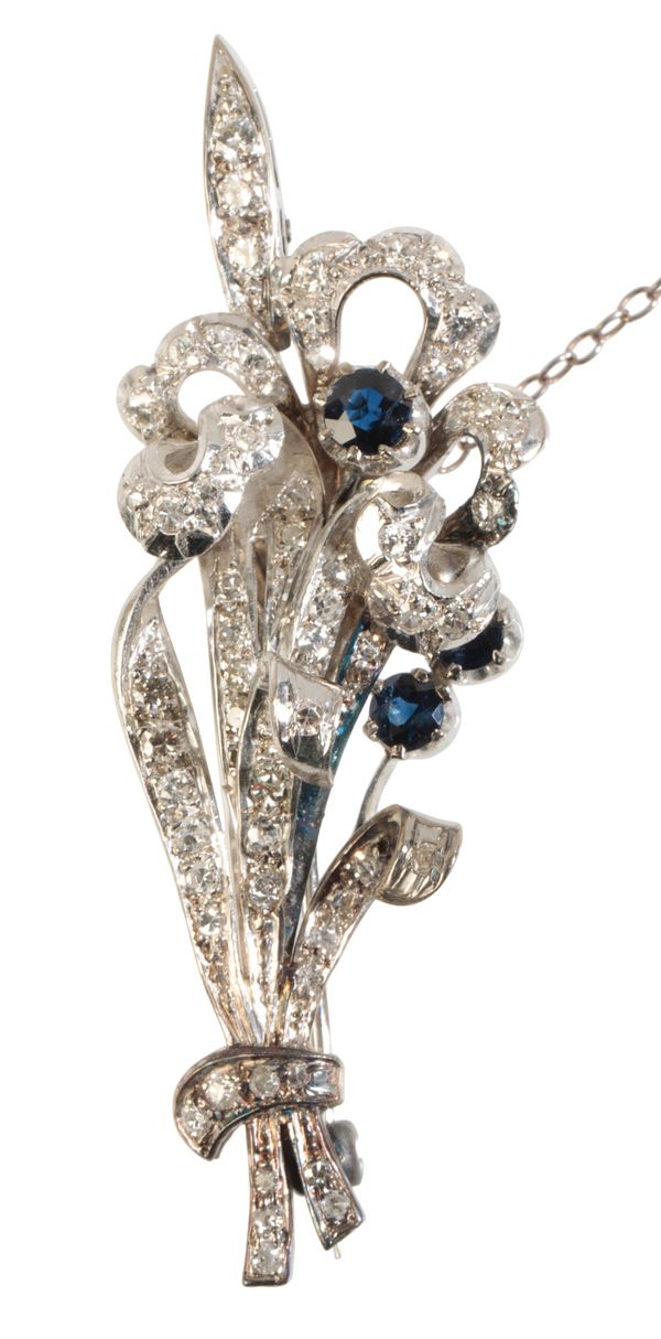 A DIAMOND AND SAPPHIRE FLORAL SPRAY BROOCH