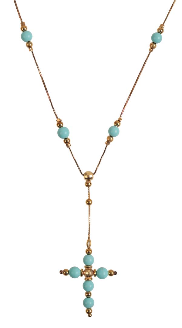 A 9CT GOLD TURQUOISE CROSS PENDANT