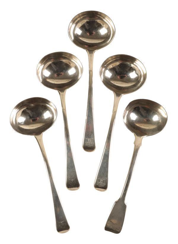 FOUR GEORGE III SILVER OLD ENGLISH PATTERN SAUCE LADLES