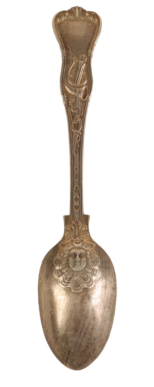 A RARE VICTORIAN SILVER STAG HUNT PATTERN DESSERT SPOON