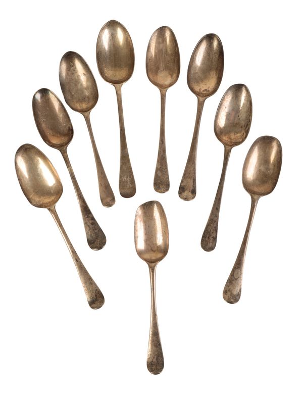 NINE GEORGE II AND LATER OLD ENGLISH PATTERN TABLE SPOONS