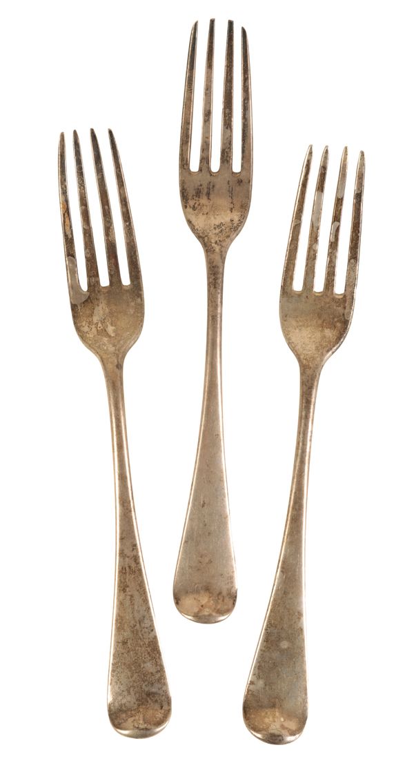 THREE GEORGE III SILVER OLD ENGLISH PATTERN TABLE FORKS