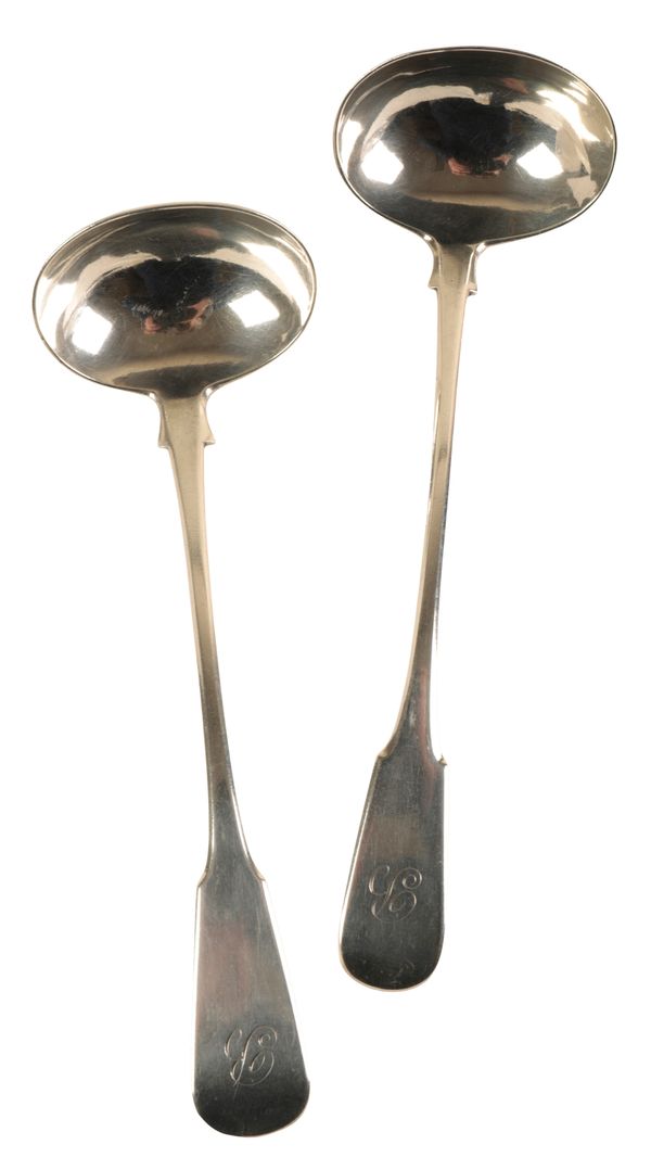 A PAIR OF GEORGE III SCOTTISH PROVINCIAL SILVER FIDDLE PATTERN TODDY LADLES