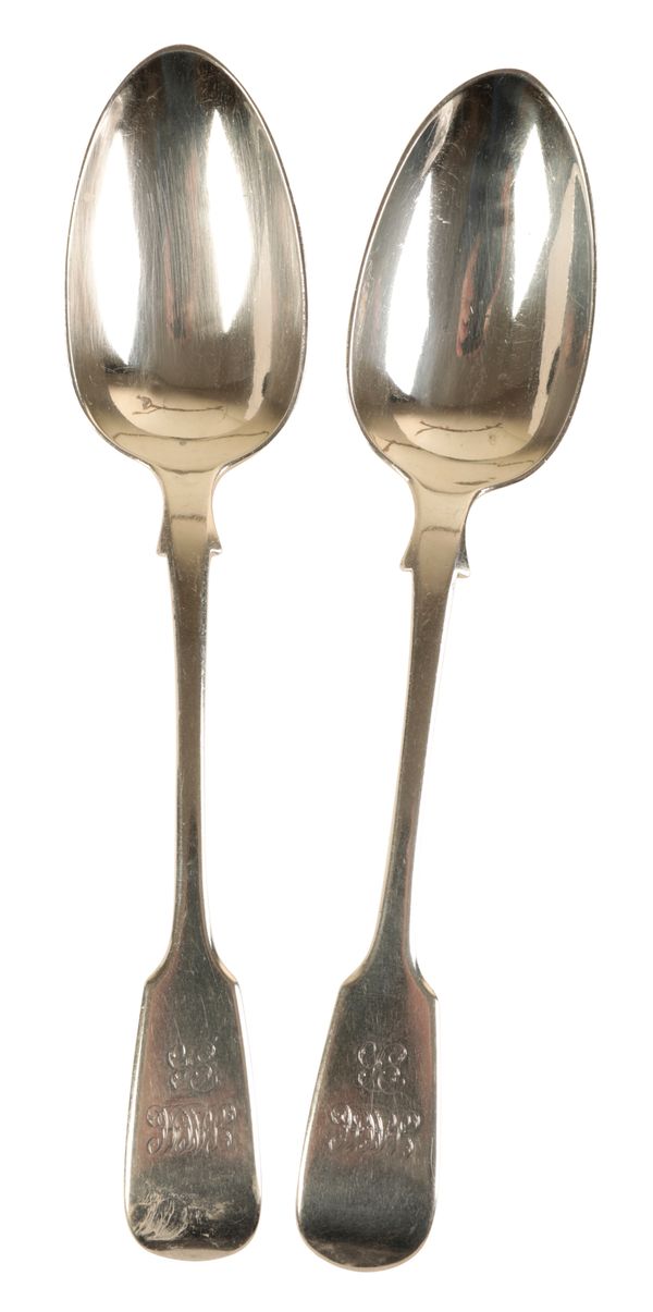A PAIR OF VICTORIAN SILVER FIDDLE PATTERN TABLESPOONS