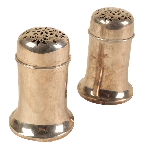 A PAIR OF VICTORIAN SILVER CYLINDRICAL PEPPER POTS