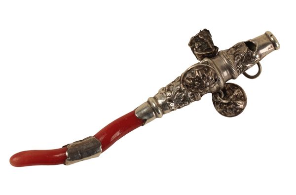 A  VICTORIAN CHILD’S WHITE METAL AND CORAL RATTLE/TEETHER