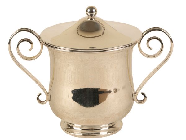 A GEORGE V SILVER TWO HANDLED LIDDED CUP