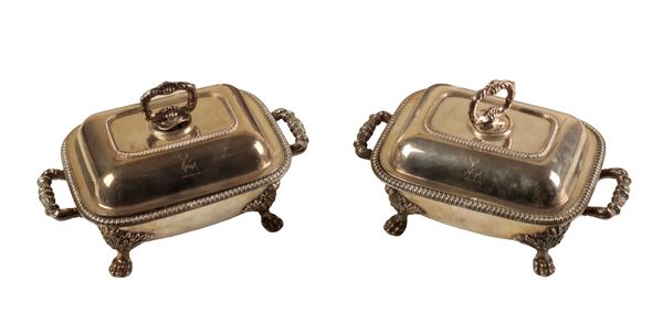 A PAIR OF 19TH CENTURY SHEFFIELD PLATE SAUCE TUREENS AND COVERS