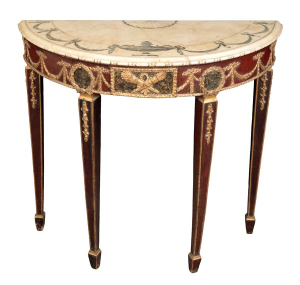 A MAHOGANY AND MARBLE TOPPED DEMI-LUNE SIDE TABLE IN NEOCLASSICAL TASTE